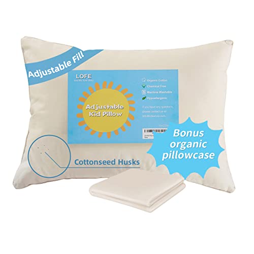 LOFE Organic Pillow with Pillowcase - 13x18 Toddler Pillow with 100% Organic Cotton Shell, Adjustable Loft Organic Toddler Pillow, Machine Washable, Soft, Perfect for Toddlers&Kids&Travel