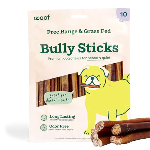 WOOF Bully Sticks - Chew Sticks for Dogs - Long-Lasting Dog Products - Made with Free-Range, Grass-Fed Beef - 6" Sticks - 10pk