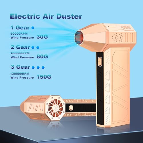 CCV Compressed Air Duster - 150000RPM Electric Air Duster for Cleaning Keyboard&PC 3 Gears Adjustable Rechargeable Cordless Jet Dry Blower Air Blower for Car and Home (F33-GOLD)