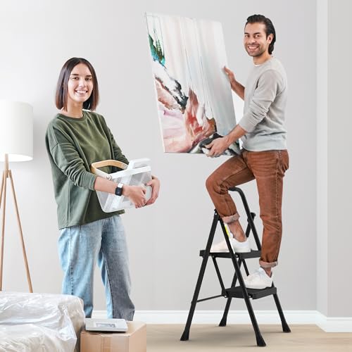 HBTower 2 Step Ladder, Folding Step Stool with Wide Anti-Slip Pedal, Sturdy Steel Ladder, Convenient Handrail, Lightweight, Portable Steel Step Stool