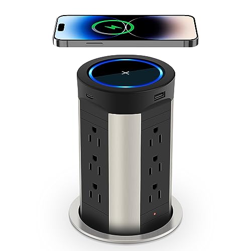 HEZI 4" Pop Up Countertop Outlet with 15W Wireless Charger, Max 45W Power Delivery,15A Tamper Resistant 1200J Surge Protection, Pop Up Electrical Receptacle with 12AC 2 USB-A 2 USB-C for Home Office