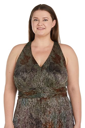 R&M Richards Women's Printed Metallic Crinkle V Neck Halter Dress, Bronze
