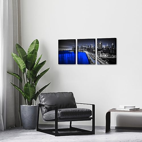 LevvArts 3 Panel New York City Wall Art Canvas Brooklyn Bridge Night View Picture Print Modern Black and Red City Poster Painting for Home Office Bedroom Decoration (Blue, Small)