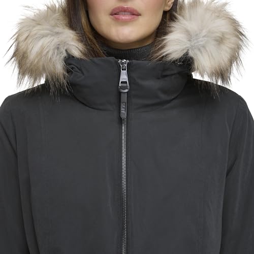 DKNY Women's Anorak Coat, Faux Fur Trim Black