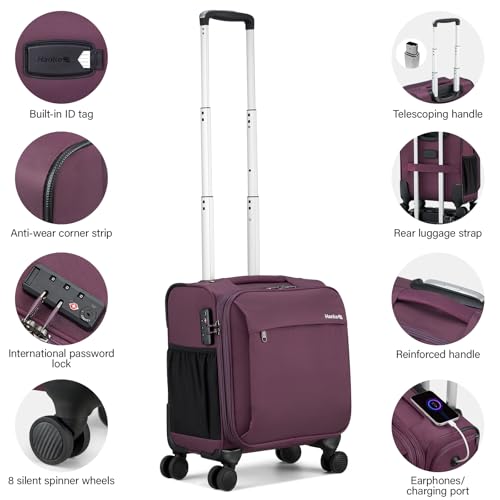 Hanke 16 Inch Underseat Carry On Luggage with Wheels Small Suitcase Softside Luggage Bags for Travel Lightweight Suitcases with Wheels Travel Luggage Personal Item for Men and Women.(Purple)