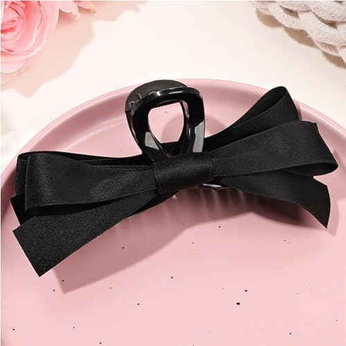 Satin Bow Claw Clip for Women Girls, Bow-knot Hair Claw Clip Stylish Strong Hold Hair Claw Barrette for Thick Thin Hair Casual Formal Wear (Black)