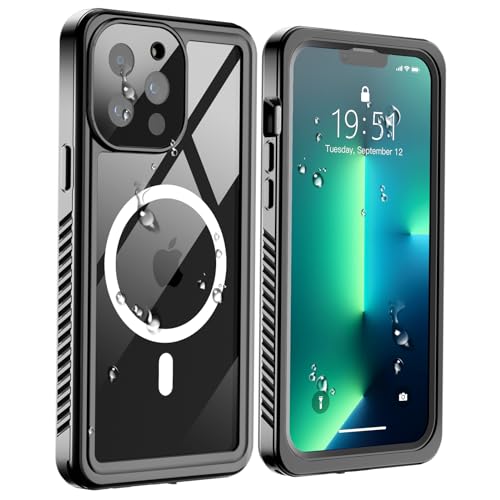 SUPFINE Magnetic for iPhone 12 Waterproof Case,[Built-in Screen Protector][IP68 Underwater][15FT Military Dropproof][Compatible with MagSafe] Full Body Heavy Duty Shockproof Phone Case-Black/Clear