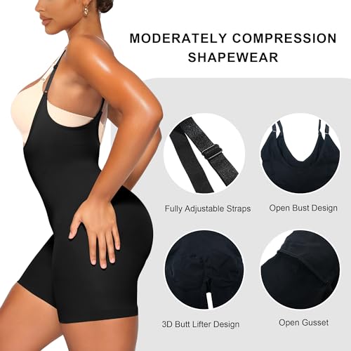 YIANNA Shapewear for Women Tummy Control Bodysuit Open Bust Mid Thigh Seamless Sculpting Body Shaper,YA5258-Black-XXS/XS