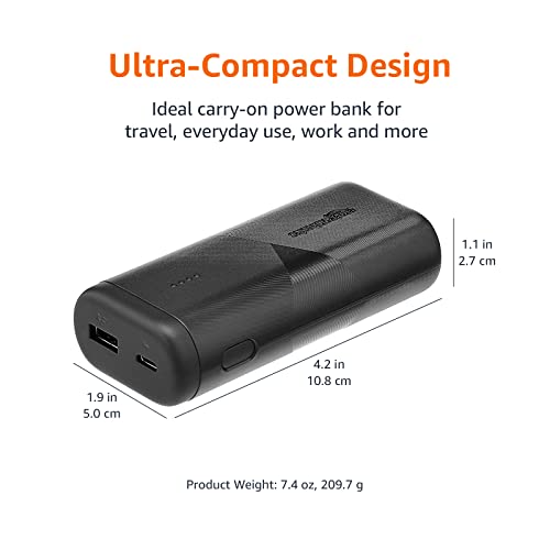 Amazon Basics Ultra-Portable Fast Charging Power Bank Battery, 10000mAh, with PD 18W USB-C port for iPhone 15, Samsung S24, iPad, and more, Black