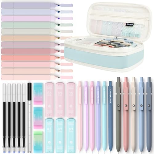 Four Candies 39 PCS Aesthetic School Supplies with Cute Pen Case, 12 Pastel Highlighters, 5 Black Ink Gel Pens, 6 Mechanical Pencils Set 0.5 & 0.7mm for Students Stationary College Essentials (Blue)