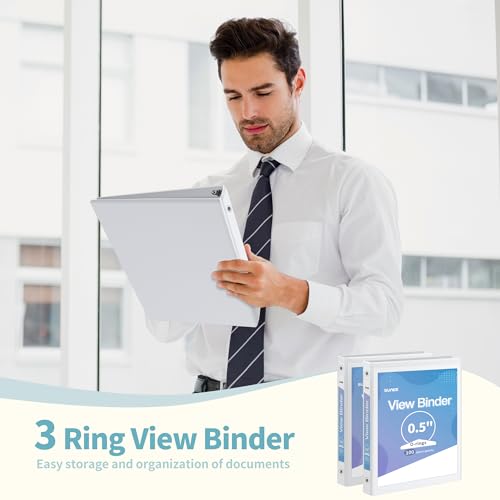 SUNEE 3 Ring Binder 1/2 Inch 4 Pack, Clear View Binder Three Ring PVC-Free (Fit 8.5x11 Inches) for School Binder or Office Binder Supplies, White Binder