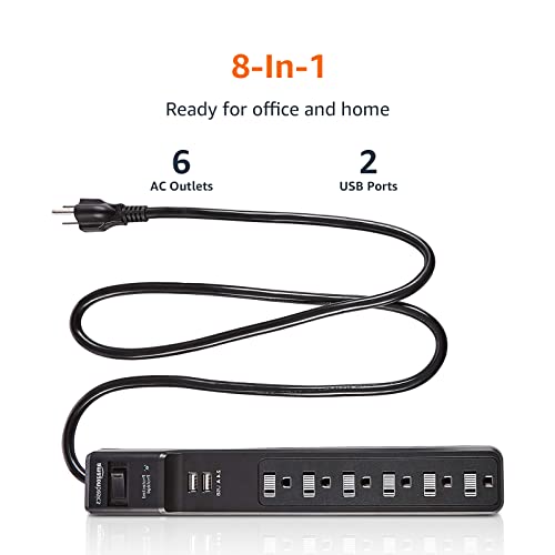 Amazon Basics Rectangular 6-Outlet Surge Protector Power Strip with 2 USB Ports - 1000 Joule, Black, 6 ft