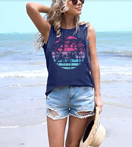 Hawaiian Palm Tree Tank Tops for Women Summer Vacation Beach Shirts Casual Sleeveless Tops Dark Blue,S