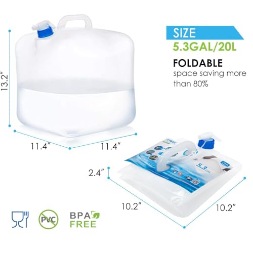 ITRAZ Collapsible Water Jug, 10 Packs 5.3 Gallon BPA Free Camping Water Container with Spigot, Portable Water Storage Carrier for Emergency Survival Hiking Backpacking Outdoors - Food Grade LDPE