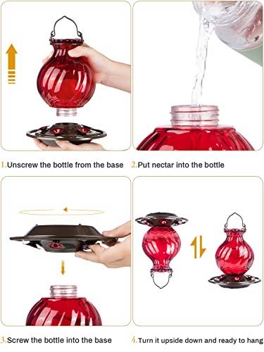 Hummingbird Feeder, Auslar 26 Ounces Glass Hummingbird Feeders for Outdoors Hanging Ant and Bee Proof, Ant Moat & 5 Flower Feeding Ports, Rustproof, Leakproof, Netted Flower Bud Shape Bottle, Red