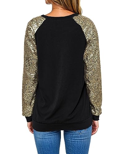 Ezcosplay Women Sparkling Sequins Tops Long Raglan Sleeves Glitter Shirt Sparkle Dressy Party Club Blouses Gold