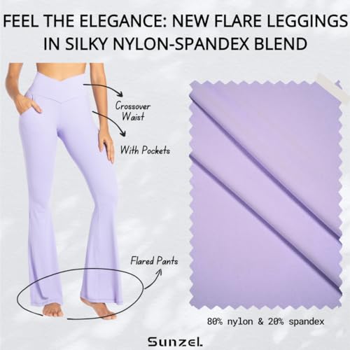 Sunzel Flare Leggings for Women with Pockets, Crossover Yoga Pants with Tummy Control, High Waisted and Wide Leg 32" Inseam Black Small