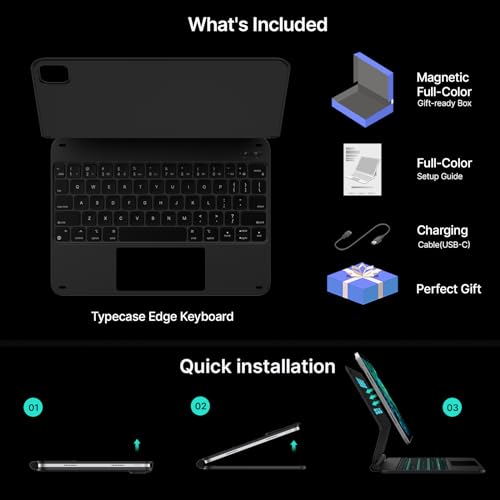 typecase Edge Keyboard Case for iPad Pro 11-inch (M4) 2024,Magic Keyboard with 11 Colors Backlight for iPad Pro 11,Keyboard Case with Pencil Holder,Built-in Trackpad, Easy-Set Magnetic Stand,Black