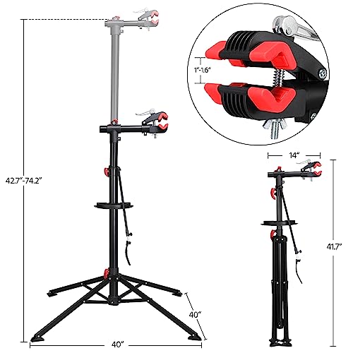 Yaheetech Bike Repair Stand Height Adjustable Bike Work Stands with Multiple Quick Release Telescopic Arm Tool Tray for Home Bicycle Mechanic