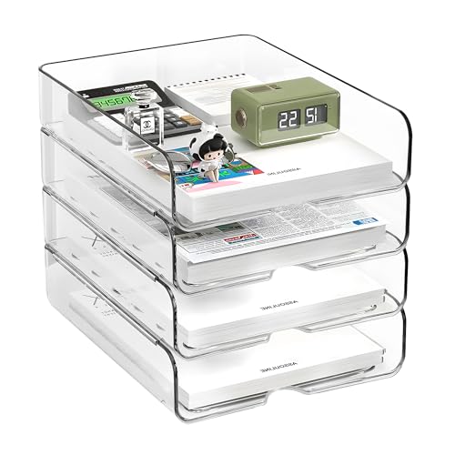 OUTIOE 4-Tier Paper Organizer for Desk, Stackable Desk Organizer Paper Tray, Desk Accessories & Workspace Organizers, Ideal for Office Supplies, Paper Storage (Clear) (4-Tier)