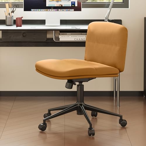 FLEXISPOT Cross Legged Office Chair for Vanity Desk Criss Cross Chair with Wheels Armless Office Chair Vanity Chair Comfy Wide Seat Cushion PU Leather(Brown)