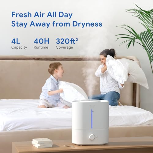ASAKUKI Cool Mist Humidifiers for Bedroom Home, 4L Top Fill Humidifier Large Room for Baby Nursery & Plants, Quiet Room Humidifier with Diffuser, Night Light, Auto Shut Off, Easy Clean, 40H Runtime