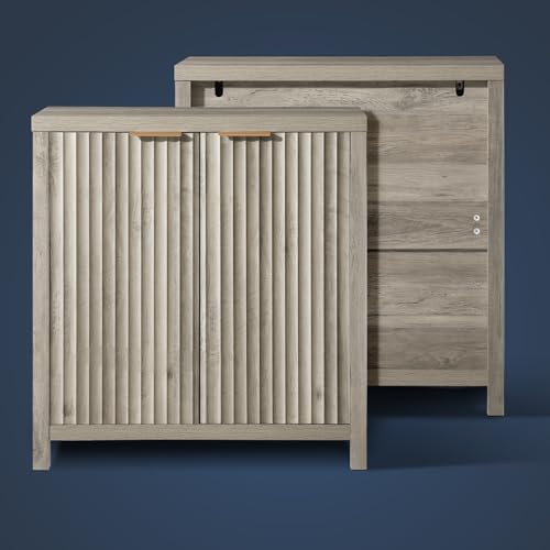 OAKHAM HOME Oxford Storage Cabinet Fluted Sideboard Buffet Cabinet with Adjustable Shelves, Modern Accent Cabinet Multifunctional Console Cabinet for Living Room, Kitchen.(Grey Oak)