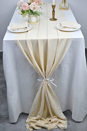 Joanlody Beige Cheesecloth Table Runner 25x120 Inches Handmade Cotton Cloth Tablecloth with Fringe 10Ft Rustic Gauze Table Runner for Wedding Party Bridal Shower Decor