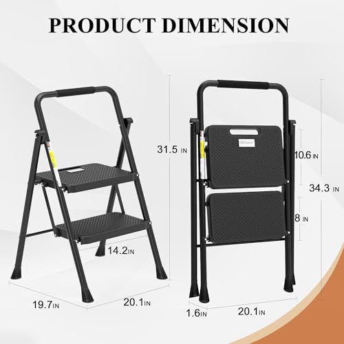 HBTower 2 Step Ladder, Folding Step Stool with Wide Anti-Slip Pedal, Sturdy Steel Ladder, Convenient Handrail, Lightweight, Portable Steel Step Stool