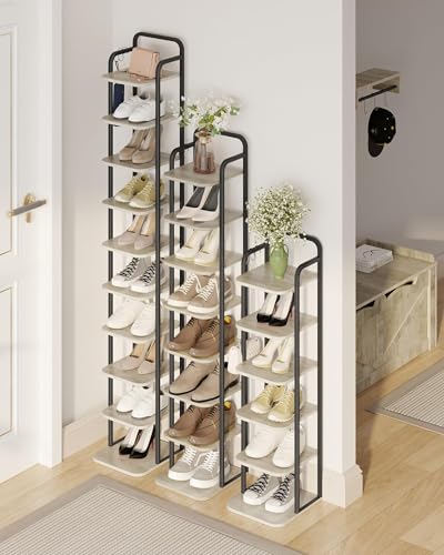 Hzuaneri Vertical Shoe Rack, Shoe Shelves, Wood Shoe Organizer for Closet, Entryway, Shoe Tower for Small Spaces, Free Standing, Adjustable, with 2 Hooks, 6 Tier Black SR04204B