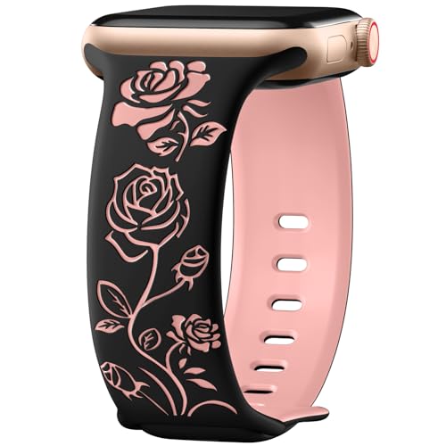 Maledan Fancy Engraved Band Compatible with Apple Watch Bands Women 42mm 44mm 49/45mm, Two-tone Silicone Elegant Rose Flower Pattern Sport Strap for iWatch Series 9 8 SE 7 6 5 4 3 2 1 Ultra Wine Red
