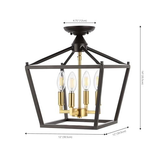 JONATHAN Y JYL7610G Plains Mini Lantern 12" 4-Light Iron Modern Farmhouse LED Flush Mount, Office, Living Room, Family Room, Dining Room, Bedroom, Hallway, Foyer, Oil Rubbed Bronze/Brass Gold