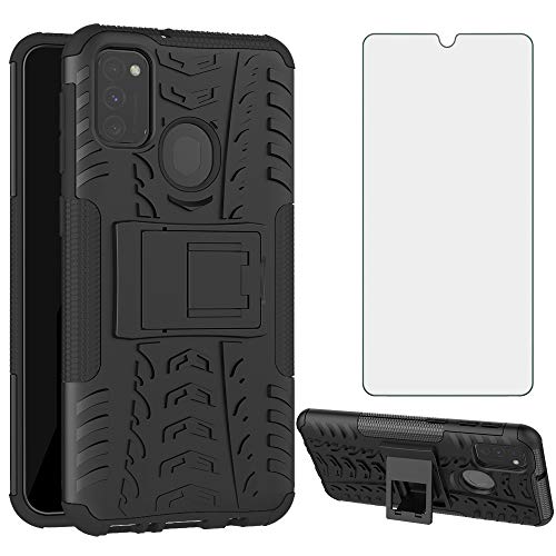 Phone Case for Samsung Galaxy M30s M21 with Tempered Glass Screen Protector Cover and Stand Kickstand Hard Rugged Hybrid Protective Cell Accessories Glaxay M 30s Gaxaly 21M Cases Boys Women Men Black