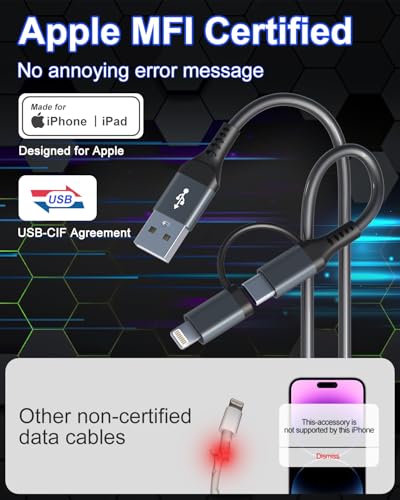 USB to USB C and Lightning Cable 2 in 1-3A Fast Charging & Data Sync Apple CarPlay & Android Auto Coiled Lightning and USB C Cable for iPhone 15 Plus 14 13 12 11 Pro/max/USB C Android Smartphones