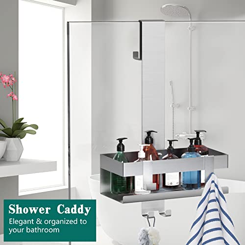 Emibele Over The Door Shower Caddy, 304 Stainless Steel Hanging Shower Caddy Rustproof Shower Shelves, No Drilling Hanging Shower Organizer for Bathroom Glass Door, Silver