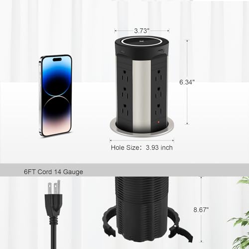 HEZI 4" Pop Up Countertop Outlet with 15W Wireless Charger, Max 45W Power Delivery,15A Tamper Resistant 1200J Surge Protection, Pop Up Electrical Receptacle with 12AC 2 USB-A 2 USB-C for Home Office