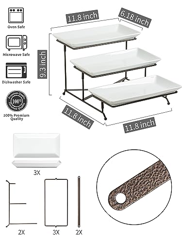 LAUCHUH 3 Tier Serving Tray Porcelain Tiered Serving Stand Collapsible Sturdier Rack with 3 Serving Platters & 2 Cross Bars for Entertaining Fruit Dessert Party Display Set, 12 Inch, Bronze