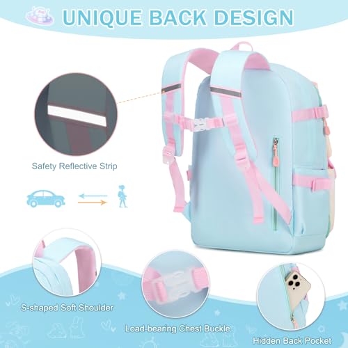 FIXITOK Girls Backpack Set, 3PCS Kids Backpack for Girls, Kawaii Bunny School Backpacks for Girls Kindergarten Elementary Preschool Middle School Bags with Lunch Box Pencil Case Aquamarine
