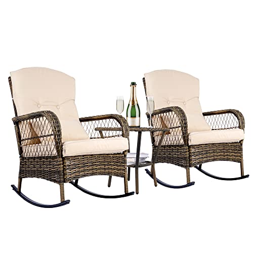 SENSWEET Wicker Rocking Chairs Set of 2, Rattan Patio Rocking Chairs, All-Weather Rocker Lawn Wicker Furniture for Porch Deck Garden Backyard(Beige)