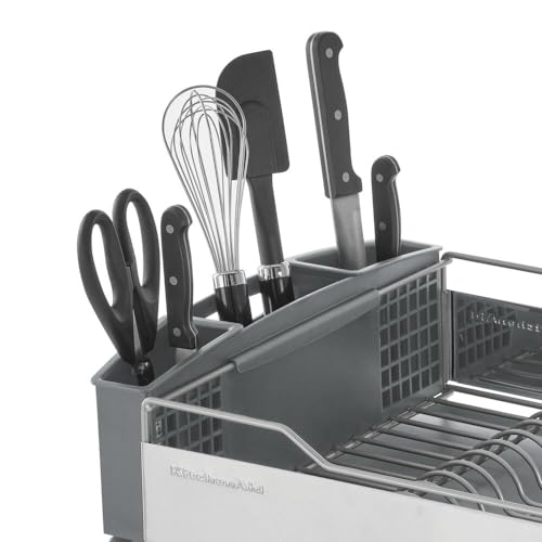 KitchenAid Large Capacity,Full Size, Rust Resistan Dish Rack Angled Drain Board and Removable Flatware Caddy, Light Grey