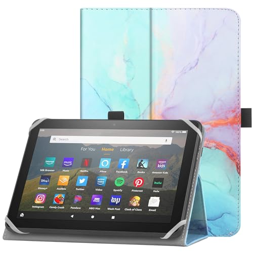 HoYiXi Universal Case for 7-8 inch Tablet Fire HD 8/Fire HD 8 Plus with Stand Folio and Hand Strap Protective Cover for 7"-8" Samsung Android Tablet -Dali Blue