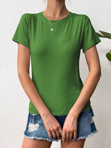 Ridshy Short Sleeve T Shirts for Women Fitted Crew Neck Tshirt Basic Ribbed Tees Shirts Fashion Casual Tops Summer Yellow M