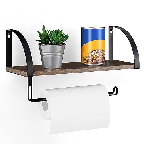BTY Paper Towel Holder with Shelf, Vintage Farmhouse Wall Mounted Paper Towel Holder Under Cabinet Spice Rack for Kitchen, Bathroom Toilet Paper Dispenser Rustic Brown