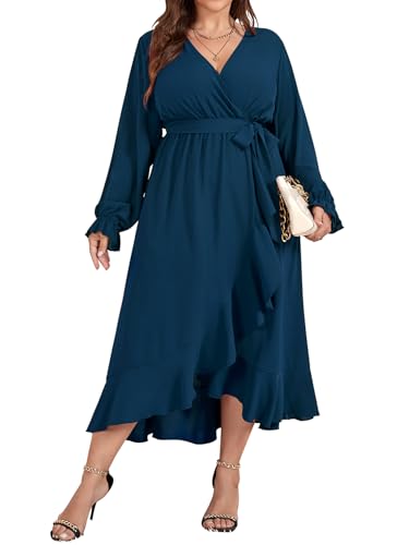 SCOMCHIC Women Plus Size Wedding Guest Maxi Dress Long Sleeve Wrap V Neck High Low Split Ruffle Cocktail Dress with Belt White