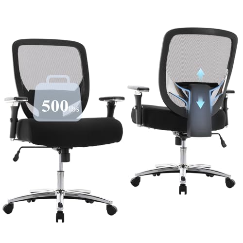 Big and Tall Office Chair 500lbs, Heavy Duty Ergonomic Mesh Chair, Computer Executive Desk Chair with Adjustable Armrest, Lumbar Support-New Black