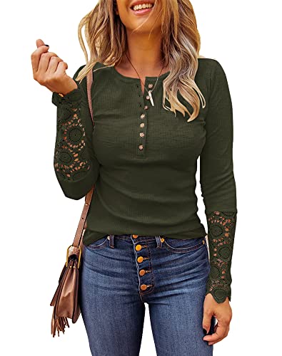 Limerose Women's Long Sleeve Lace Trim Tunic Tops Button Down Casual Blouse Cute Crew Neck Ribbed Shirt Wine