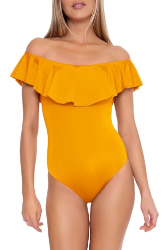Trina Turk Women's Standard Monaco Ruffle Bandeau One Piece Swimsuit, Off Shoulder, Bathing Suits, Mellow Yellow