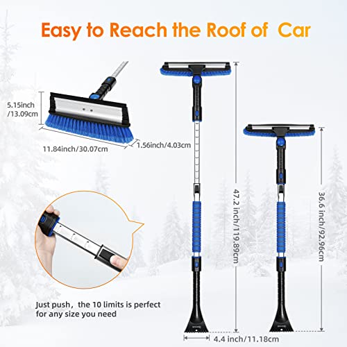 AstroAI 47.2" Ice Scrapers for Car Windshield, 3 in 1 Sturdy Snow Brush with Squeegee, 10 Adjustable Length Settings, Extendable Aluminum Handle, 180° Pivoting Snow Scraper for Car, Truck, SUV(Blue)