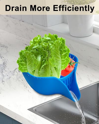 Egouhome Drain Basket Strainer Silicone with Spout,Multifunctional Drain Basket with Spout,Silicone Strainer Basket for Washing Vegetables and Fruits,Food Strainer Basket for Food,Pasta,Blue