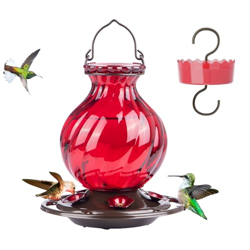 Hummingbird Feeder, Auslar 26 Ounces Glass Hummingbird Feeders for Outdoors Hanging Ant and Bee Proof, Ant Moat & 5 Flower Feeding Ports, Rustproof, Leakproof, Netted Flower Bud Shape Bottle, Red